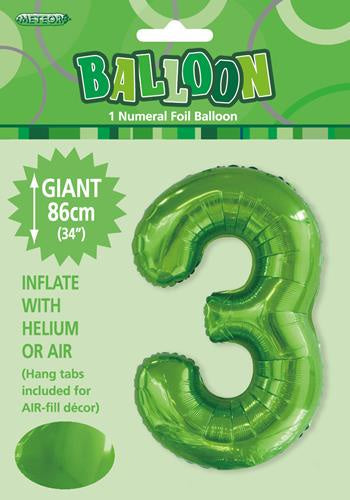 Lime Green "3" Numeral Foil Balloon 86cm (34")